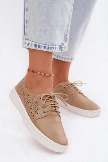 mit durchbrochenen Elementen Schuhe Feminin mit Schnürsenkeln Beige Pearla 2