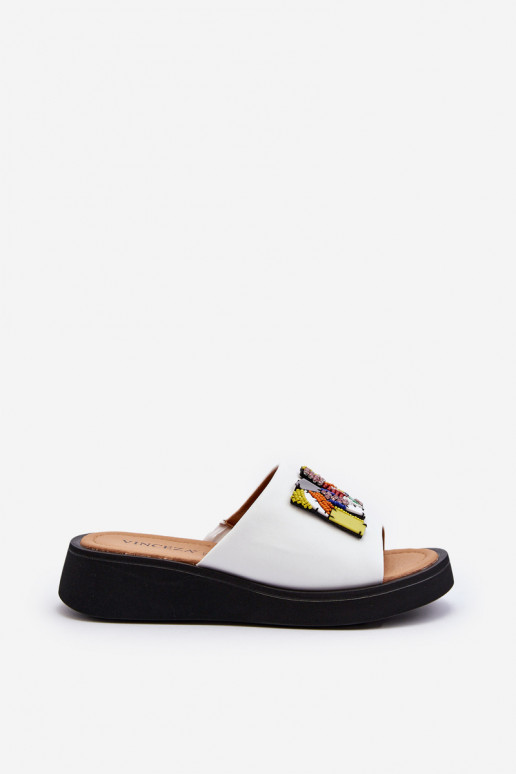 Damen Leder Hausschuhe mit Ornamenten weiß Asames