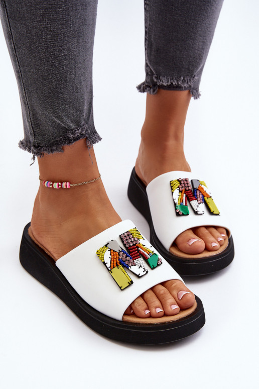 Damen Leder Hausschuhe mit Ornamenten weiß Asames