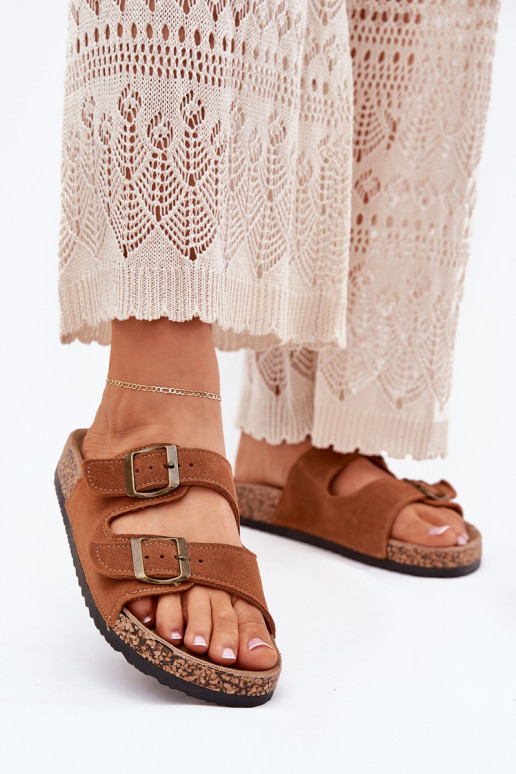 INildlederpantoffeln Auf einer Korksohle mit Schnallen braune Farbe Tavira