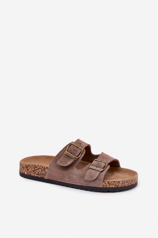 Sandfarbene Wildlederslipper auf Korksohle mit Schnallen Tavira