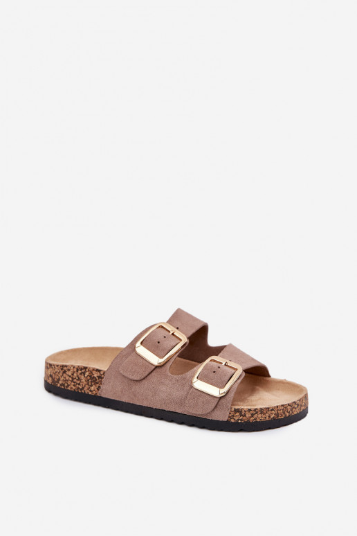 Damen sandfarbene Kunstveloursleder-Slipper mit goldenen Schnallen Vorella