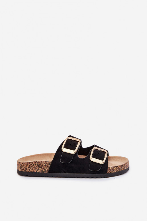 Damenhausschuheaus Öko-INildlederu goldene Farbe mit Schnallen schZuarze Farbe Vorella