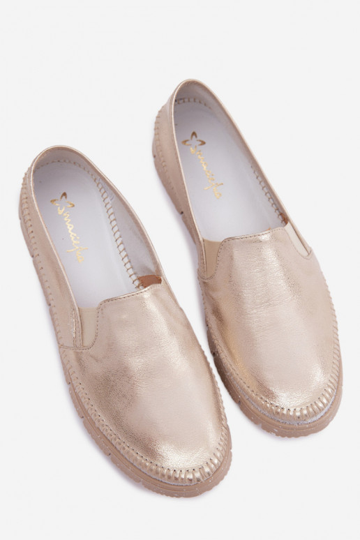 Goldene Slipper für Damen aus Leder Przecierany