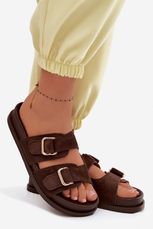 Damenhausschuhe Ze goldene Farbemi mit Schnallenmi CzekoladoZue Pelorin