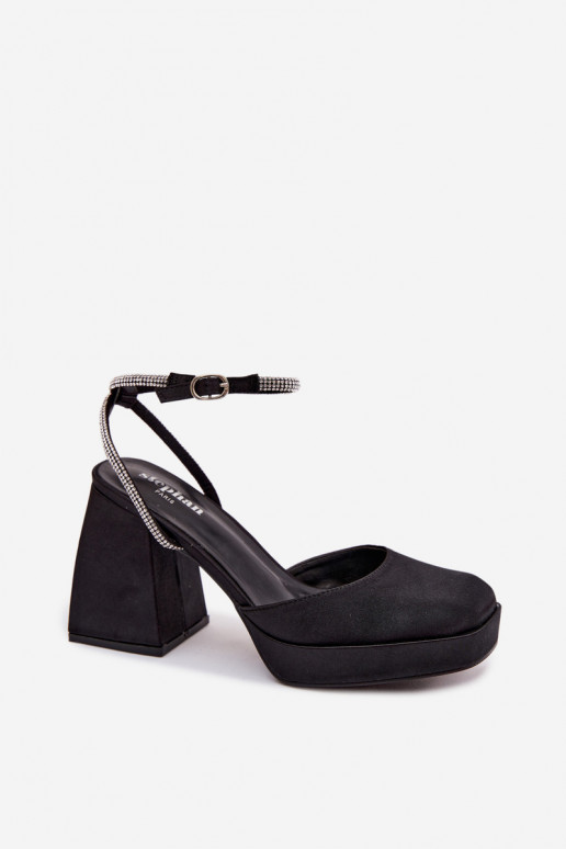 Damensandalen Auf massiven Absätzen Typu Słupek Pasek mit blitzenden Augen schZuarze Farbe Seraphina