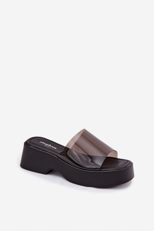 Damenhausschuhe mit einer PlattformTransparentnym Streifenem schZuarze Farbe Selestia