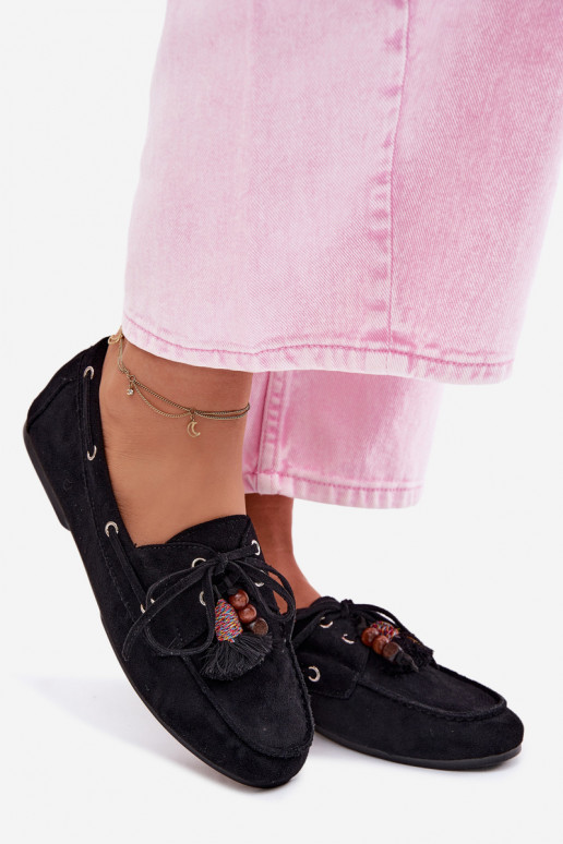 Mokassins für Damenmit Fransenm I Korallenfarbeikami schZuarze Farbe Teresa