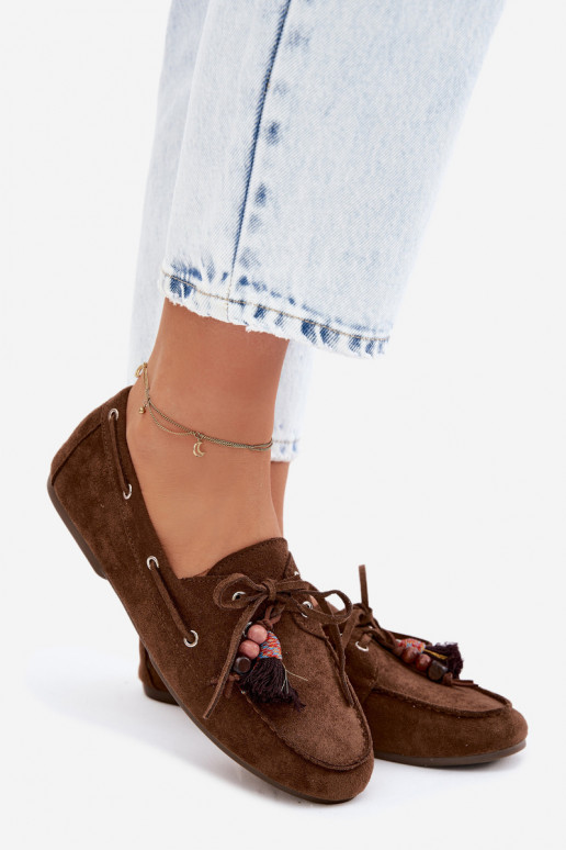 Mokassins für Damenmit Fransenm I Korallenfarbeikami braune Farbe Teresa