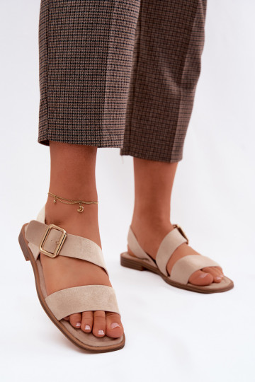 Beige Damensandalen mit breiten Absätzen und goldenen Schnallen Verissea