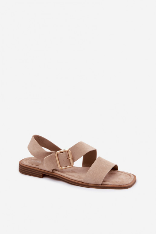 Beige Damensandalen mit breiten Absätzen und goldenen Schnallen Verissea