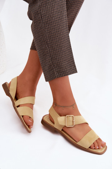 Gelbe Damensandalen mit breiten Absätzen und goldenen Schnallen Verissea