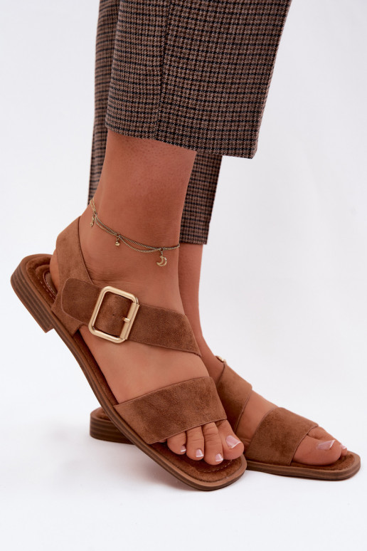 Braune Damensandalen mit breiten Absätzen und goldenen Schnallen Verissea