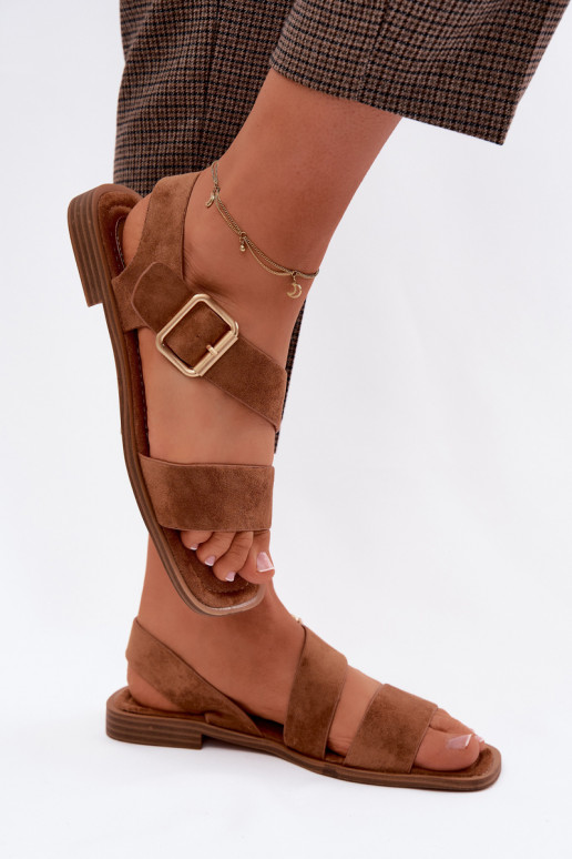 Damensandalen mit breiten Absätzen mit goldenen Schnallen braune Farbe Verissea