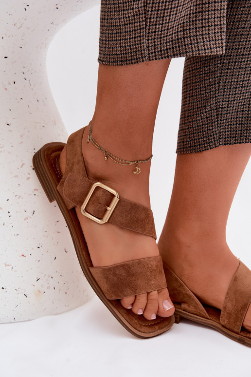 Braune Damensandalen mit breiten Absätzen und goldenen Schnallen Verissea