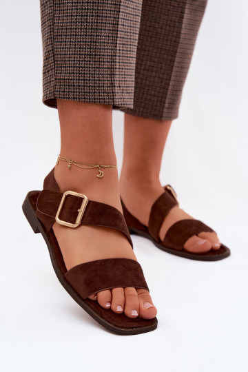 Schokoladenfarbene Damensandalen mit breiten Absätzen und goldenen Schnallen Verissea 2