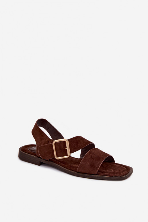 Schokoladenfarbene Damensandalen mit breiten Absätzen und goldenen Schnallen Verissea