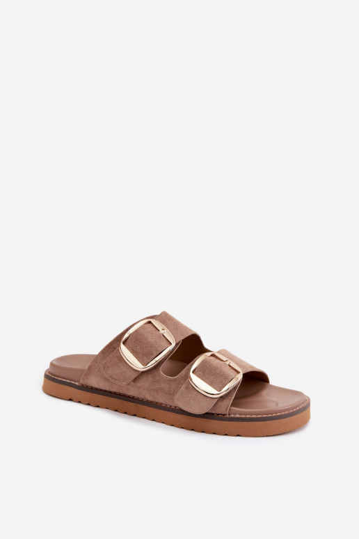 Goldene Damenschuhe mit Kunstveloursleder-Schnallen in Khaki Averia