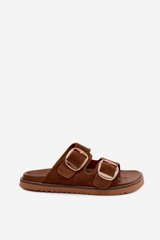 DamenhausschuheImitacji aus INildlederu goldene Farbe mit Schnallen braune Farbe Averia