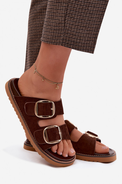 DamenhausschuheImitacji aus INildlederu goldene Farbe mit Schnallen CzekoladoZue Averia