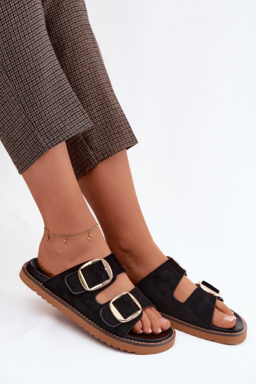 DamenhausschuheImitacji aus INildlederu goldene Farbe mit Schnallen schZuarze Farbe Averia