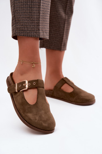 Damenpantoletten aus Kunstveloursleder in Khaki Melvia 2