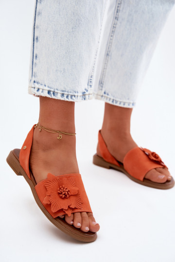Haut INildledersandalen mit breiten Absätzen Mit Dekorationen Eine Blume Zazoo 407471 orange Farbe