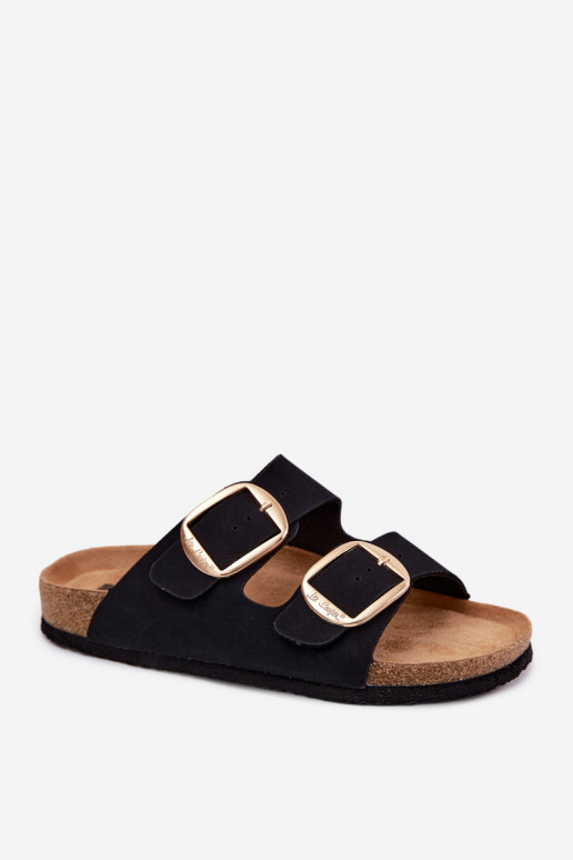 Damen-Pantoletten mit Korksohle und Schnallen Lee Cooper LCIN-26-35-4455L in Schwarz