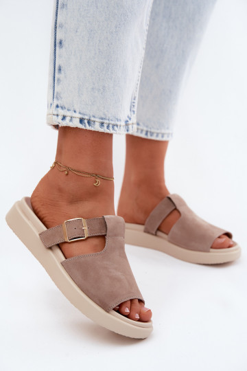 INildleder-Hausschuhe für Damen mit einer Plattform mit goldenen Schnallen Beige Zemela