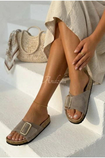 Haut INildleder-Hausschuhe für Damen mit Schnallen Beige Beryl