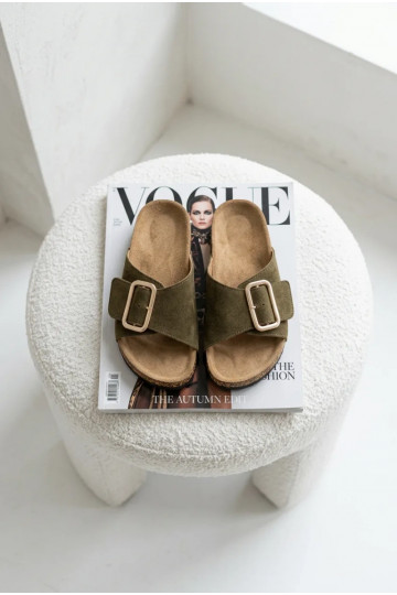 Haut INildleder-Hausschuhe für Damen mit Schnallen Khaki-Farbe-Farbe Beryl