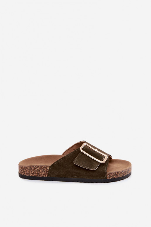 Faux-Suede Damen Hausschuhe mit Schnallen in khakifarbenem Design Beryl