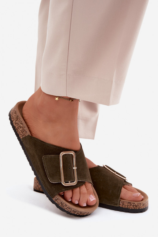 Haut INildleder-Hausschuhe für Damen mit Schnallen Khaki-Farbe-Farbe Beryl