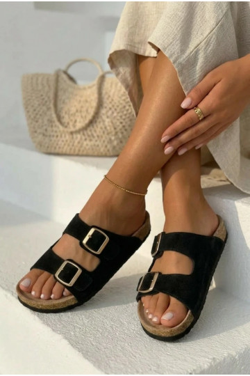 INildlederpantoffeln Auf einer Korksohle mit Schnallen schZuarze Farbe Tavira