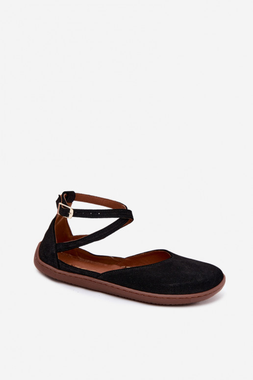 Faux-Suede Damen Ballerinas mit Riemchen in schwarzer Ausführung Zazoo 320