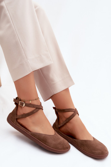 Faux-Suede Damen Ballerinas mit Riemchen in brauner Ausführung Zazoo 320