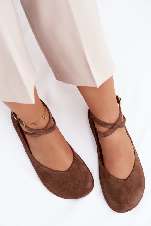 Faux-Suede Damen Ballerinas mit Riemchen in brauner Ausführung Zazoo 320