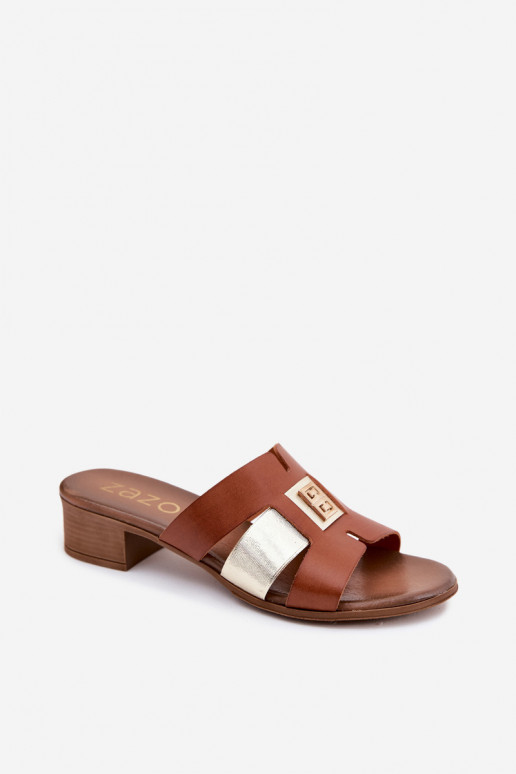 Lederhausschuhe Feminin mit Absätzen Zazoo 40517 braune Farbe