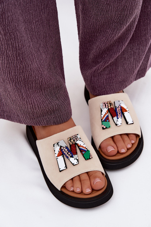 Haut INildleder-Hausschuhe für Damen mit Ornamenten mit einer Plattform Vinceza 66942 Beige