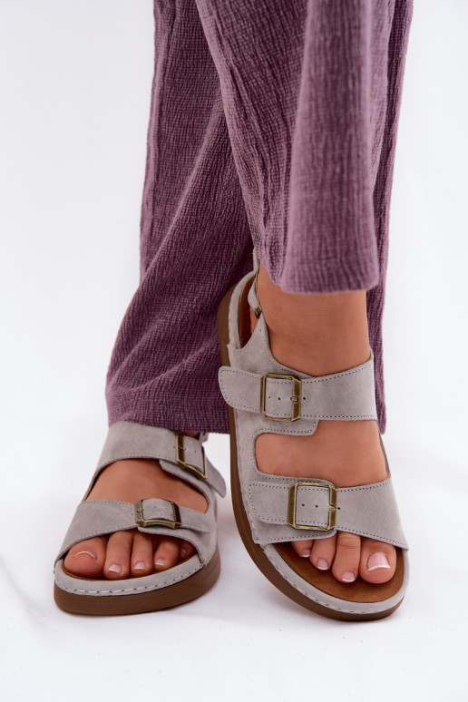 Graue Kunstveloursleder Damen-Sandalen mit Schnallen Vinceza 79620