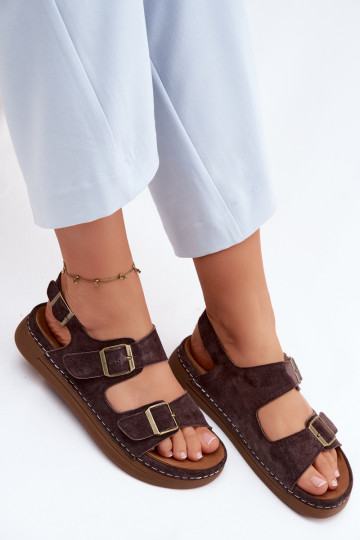 Braune Kunstveloursleder Damen-Sandalen mit Schnallen Vinceza 79620