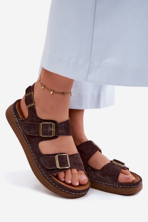 Braune Kunstveloursleder Damen-Sandalen mit Schnallen Vinceza 79620