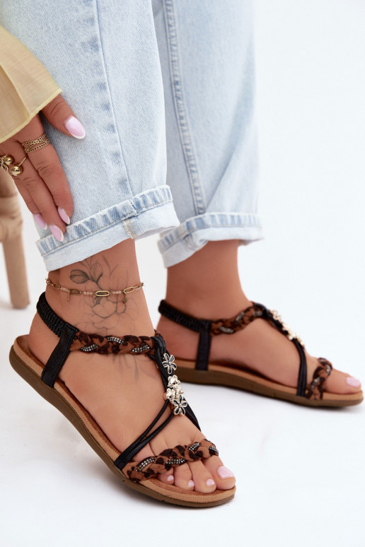 DamensandalenPrzypinkami I Plecionymi Paskami schZuarze Farbe mit Leopardenfellmuster Nusoreth