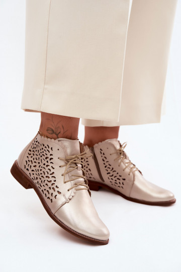 Elegante goldene perforierte Lederstiefeletten mit breiten Absätzen Zazoo 4078 2