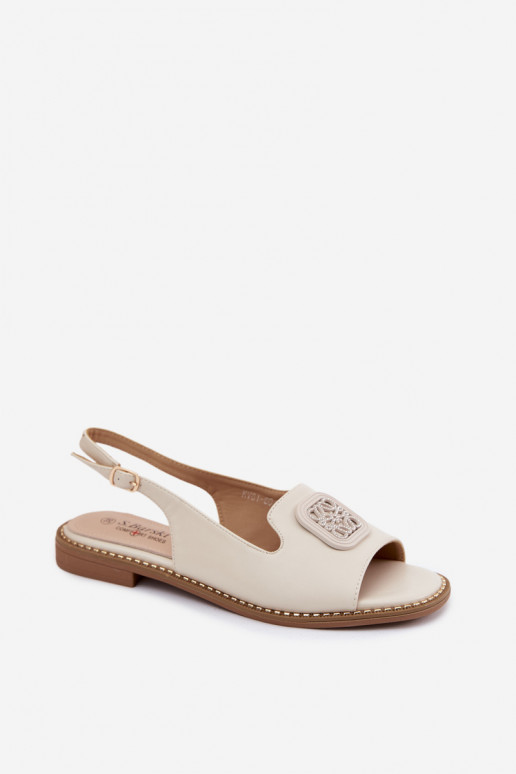 Damensandalen mit breiten Absätzen mit Ornamenten S.Barski KV61-6016 Creme farben