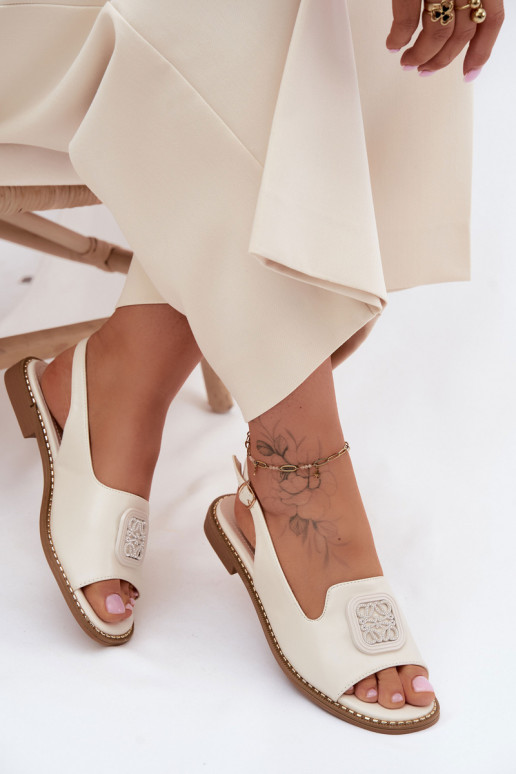 Damensandalen mit breiten Absätzen mit Ornamenten S.Barski KV61-6016 Creme farben