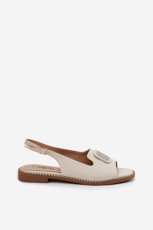 Damensandalen mit breiten Absätzen mit Ornamenten S.Barski KV61-6016 Creme farben
