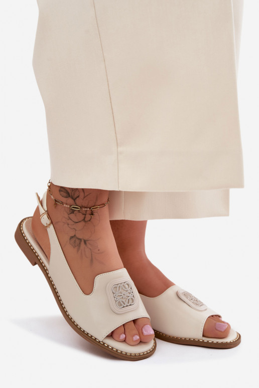 Damensandalen mit breiten Absätzen mit Ornamenten S.Barski KV61-6016 Creme farben