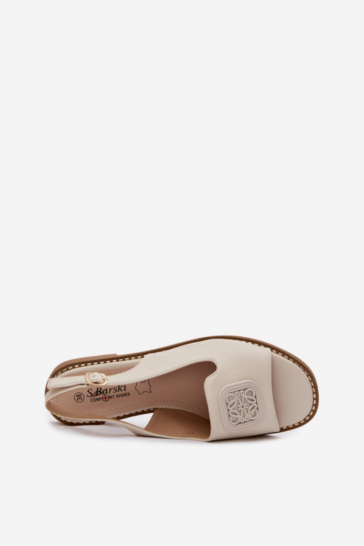 Damensandalen mit breiten Absätzen mit Ornamenten S.Barski KV61-6016 Creme farben
