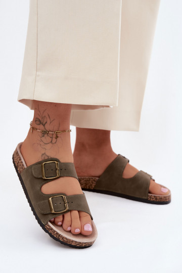 Khaki Damen-Slipper mit Schnallen auf Korksohle Harleen 2